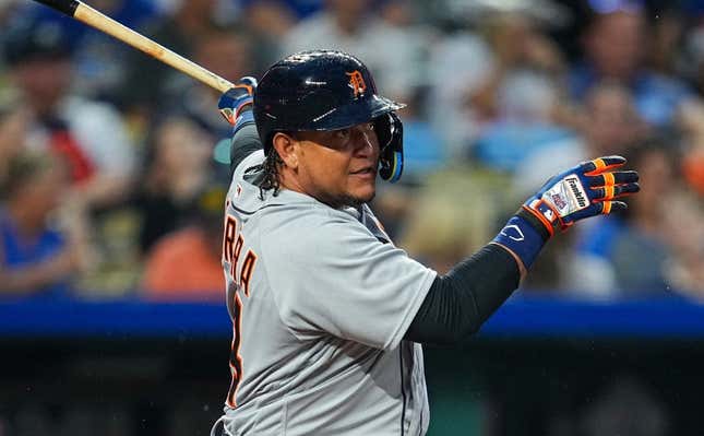 Jul 19, 2023; Kansas City, MO, USA; Detroit Tigers designated hitter Miguel Cabrera (24) hits an RBI hit in the sixth inning against the Kansas City Royals at Kaufman Stadium.